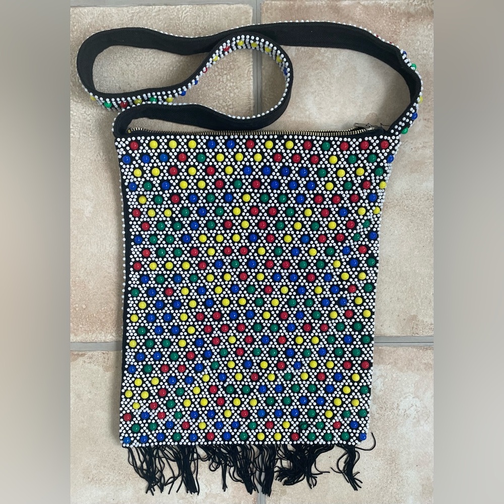 Vintage Boho Mod 60s 70s Hippie Bag Candy Dot  Beaded Purse Colorful Fringe